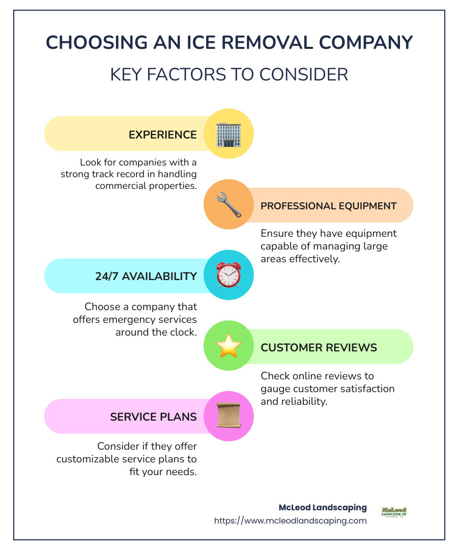 Detailed infographic on choosing an ice removal company, featuring points on services offered, equipment used, and emergency availability - ice removal company infographic infographic-line-5-steps-colors