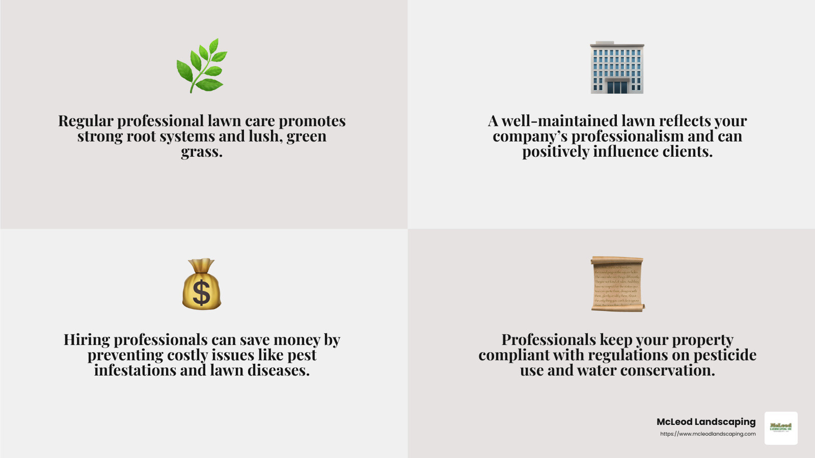 Professional Lawn Maintenance Benefits - commercial property lawn maintenance infographic 4_facts_emoji_grey