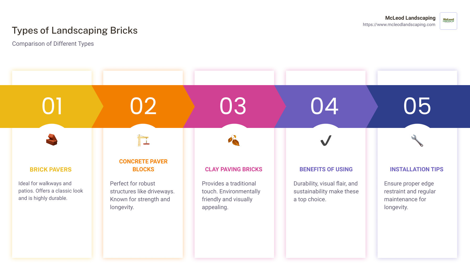 Comparison of different types of landscaping bricks including brick pavers, concrete paver blocks, and clay paving bricks with their ideal uses and visual styles - landscaping bricks infographic pillar-5-steps