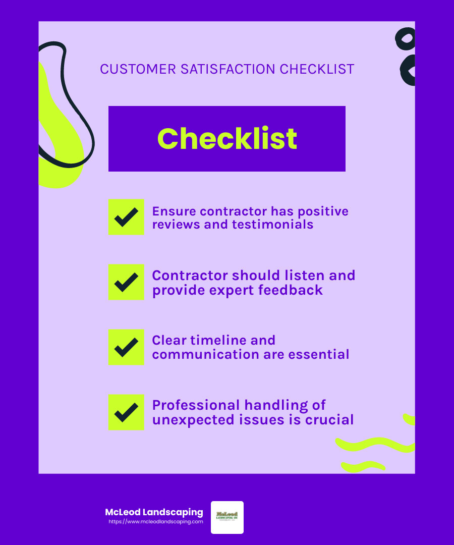 Customer satisfaction is key to a successful project execution - hardscaping contractor infographic checklist-fun-neon