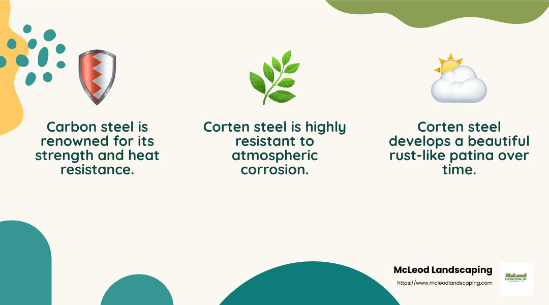 Carbon steel and corten steel are top choices for custom fire pits due to their durability and aesthetic appeal. - custom fire pits designs infographic 3_facts_emoji_nature