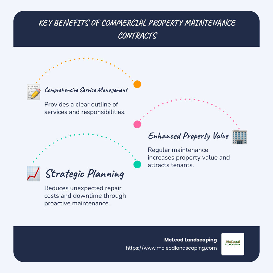 Infographic showing benefits and key elements of commercial property maintenance contracts - commercial property maintenance contracts infographic infographic-line-3-steps-blues-accent_colors