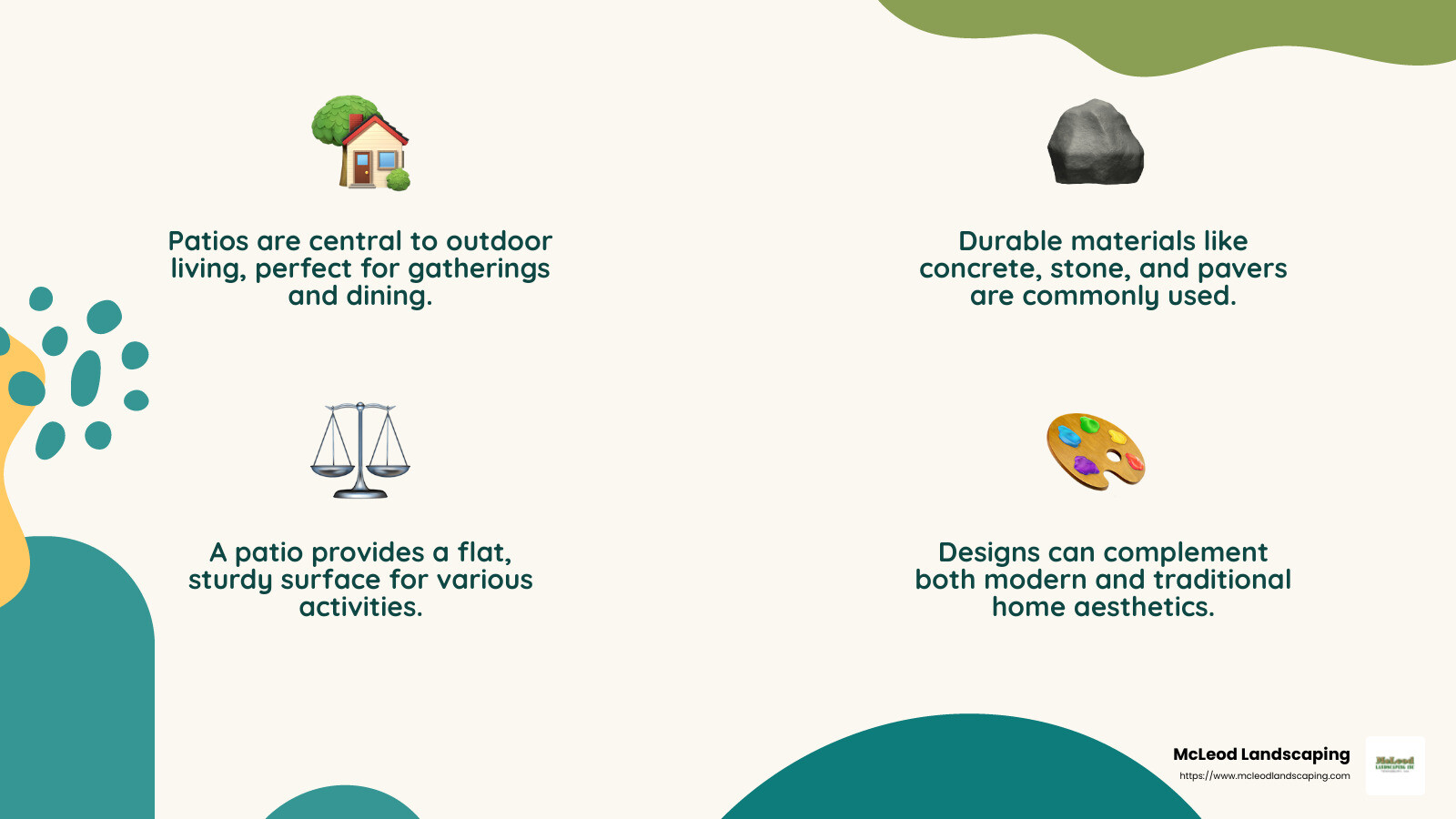 Patios are crafted using durable materials like stone or concrete, making them ideal for outdoor gatherings. - hardscaper infographic 4_facts_emoji_nature