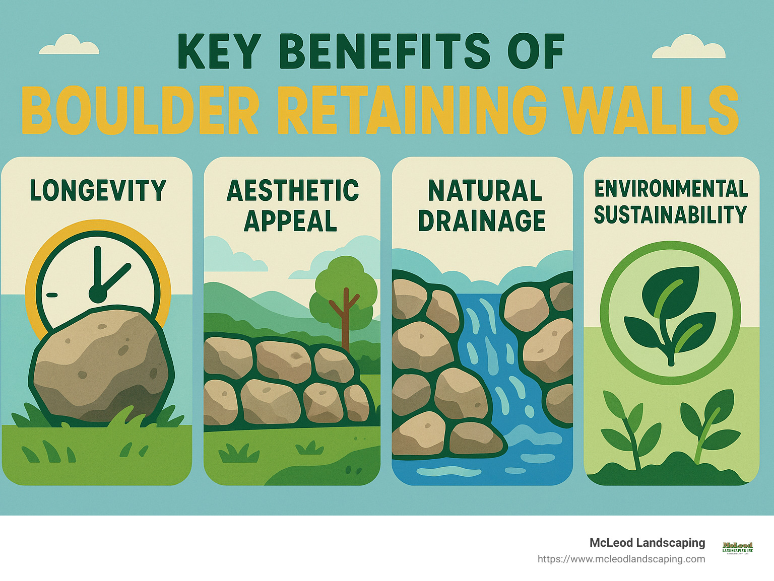 Infographic highlighting key benefits of boulder retaining walls including longevity, aesthetic appeal, natural drainage, and environmental sustainability - boulder retaining wall infographic