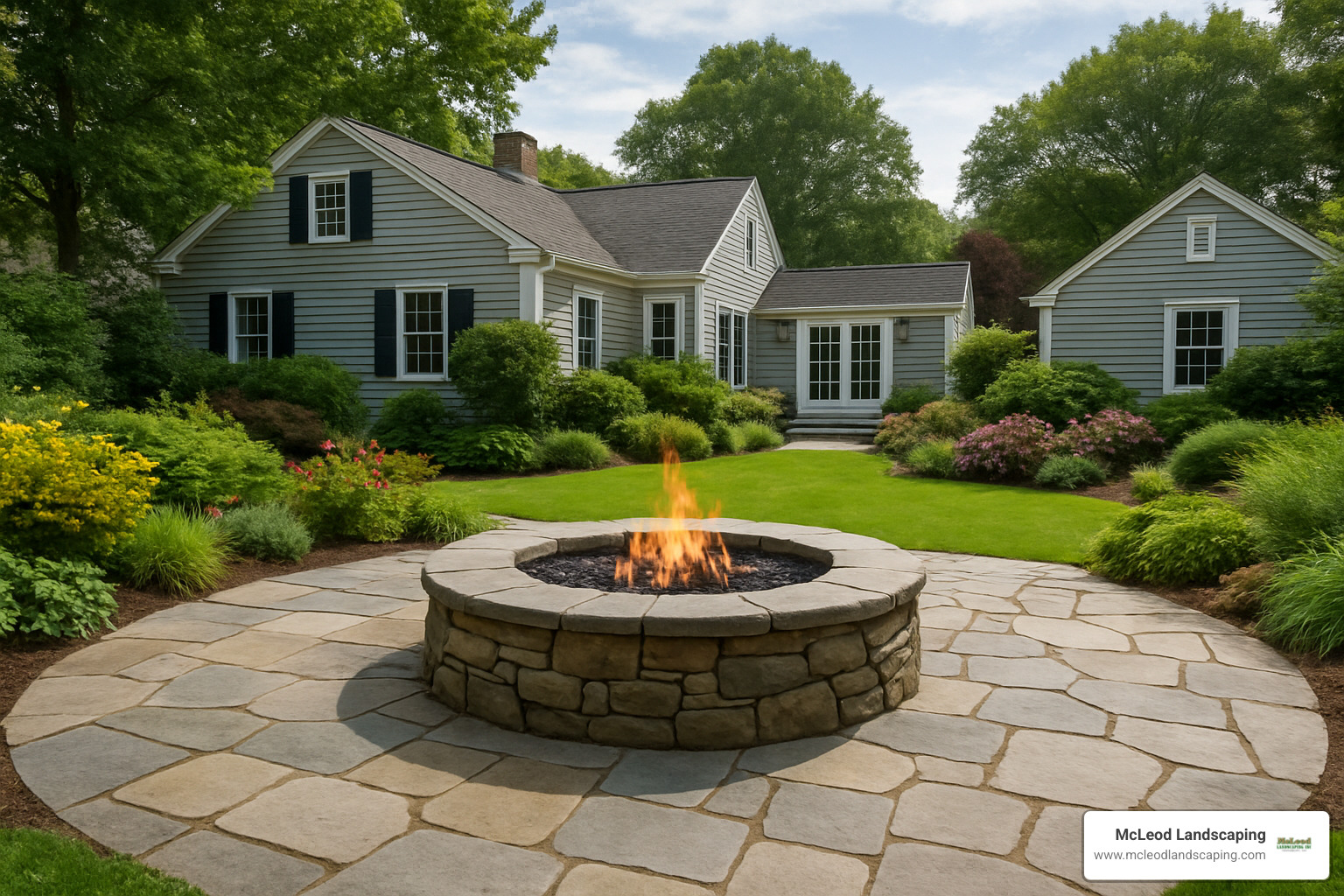Natural stone patio with integrated fire pit - outdoor patio designers near me
