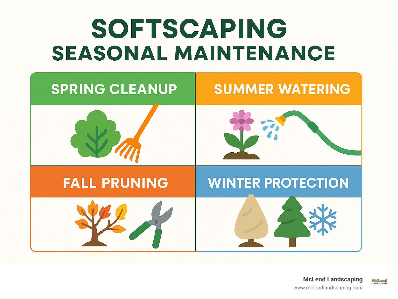 Infographic showing seasonal maintenance tasks for softscaping, including spring cleanup, summer watering, fall pruning, and winter protection - softscaping infographic 