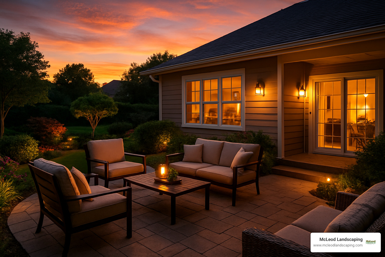 sunset view of a beautiful patio with furniture and lighting - hardscape services