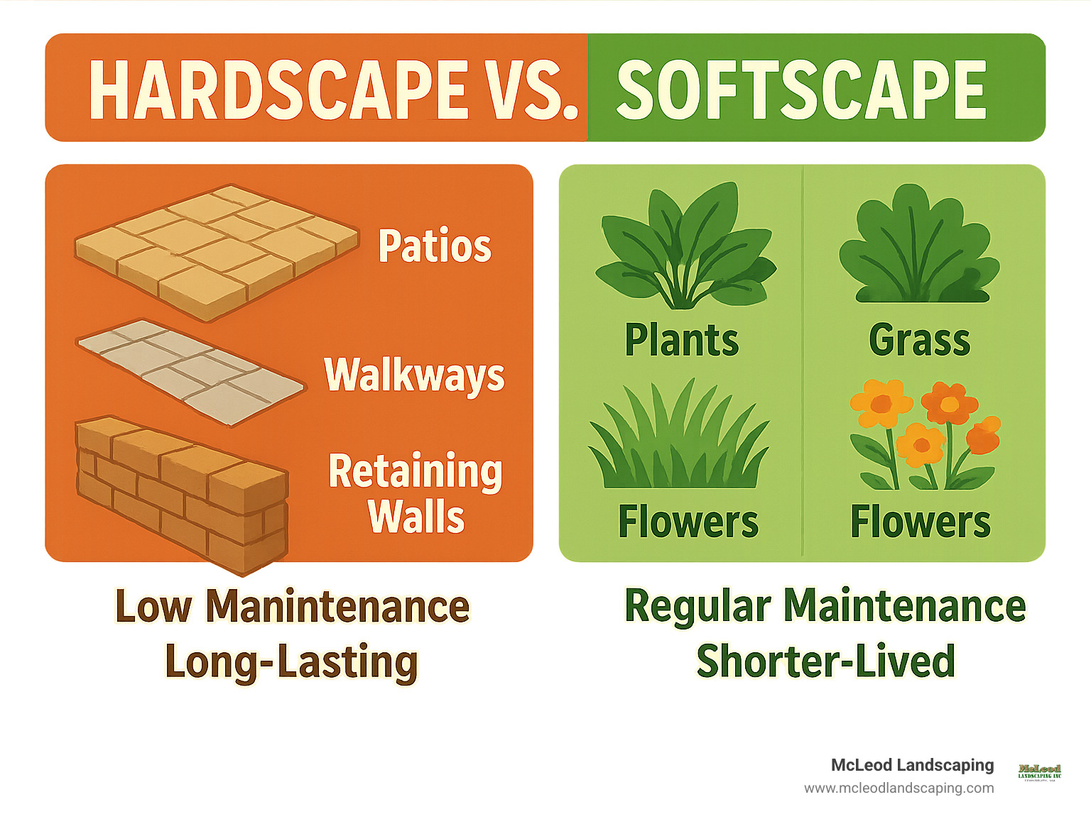 Comparison of hardscape vs softscape elements showing patios, walkways, and retaining walls as hardscape and plants, grass, and flowers as softscape, with maintenance requirements and longevity for each type - hardscape services infographic 