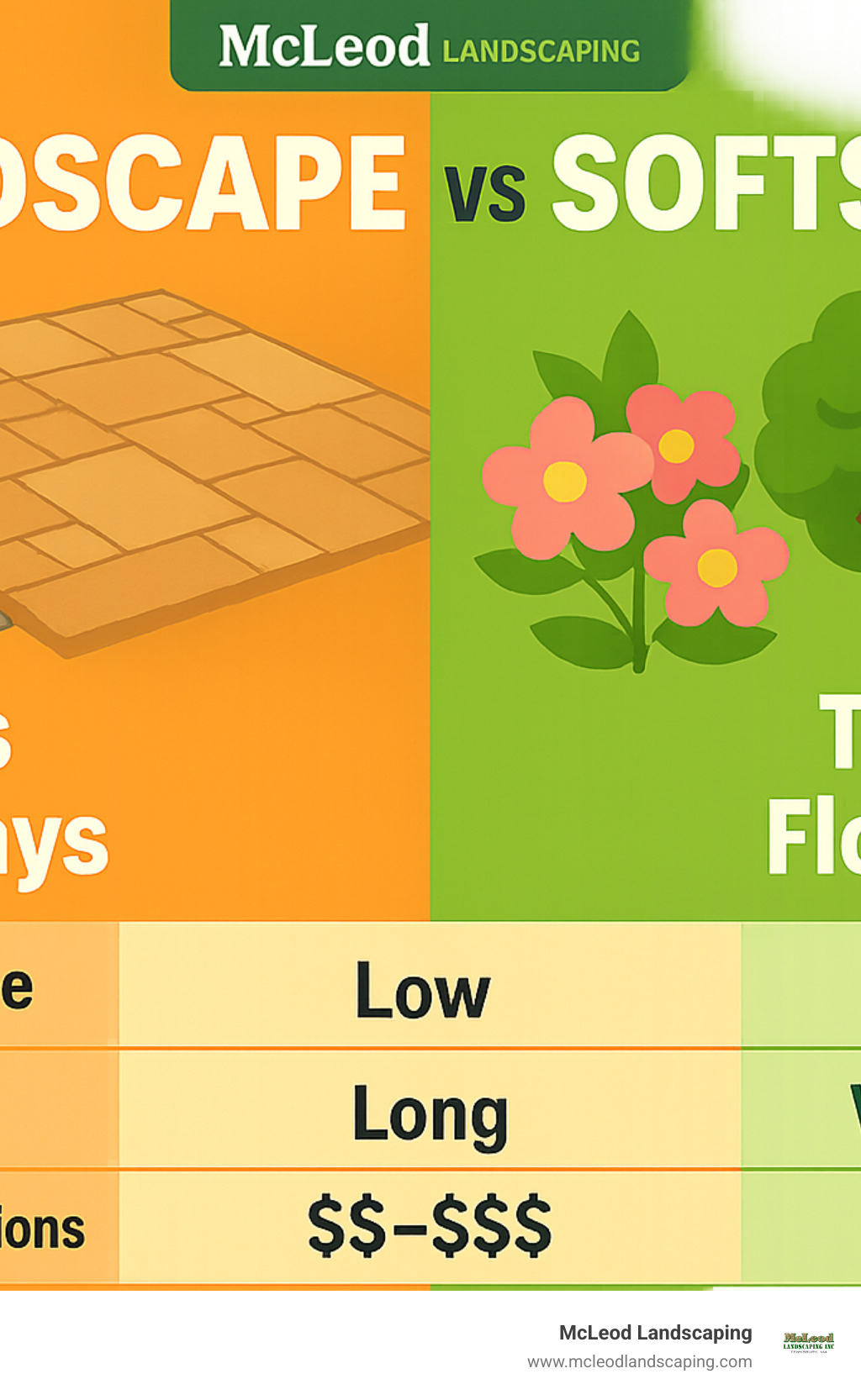 Comparison chart showing hardscape elements like patios and walkways on one side and softscape elements like trees and flowers on the other, with maintenance requirements, longevity, and cost considerations for each - Hardscape vs Softscape infographic