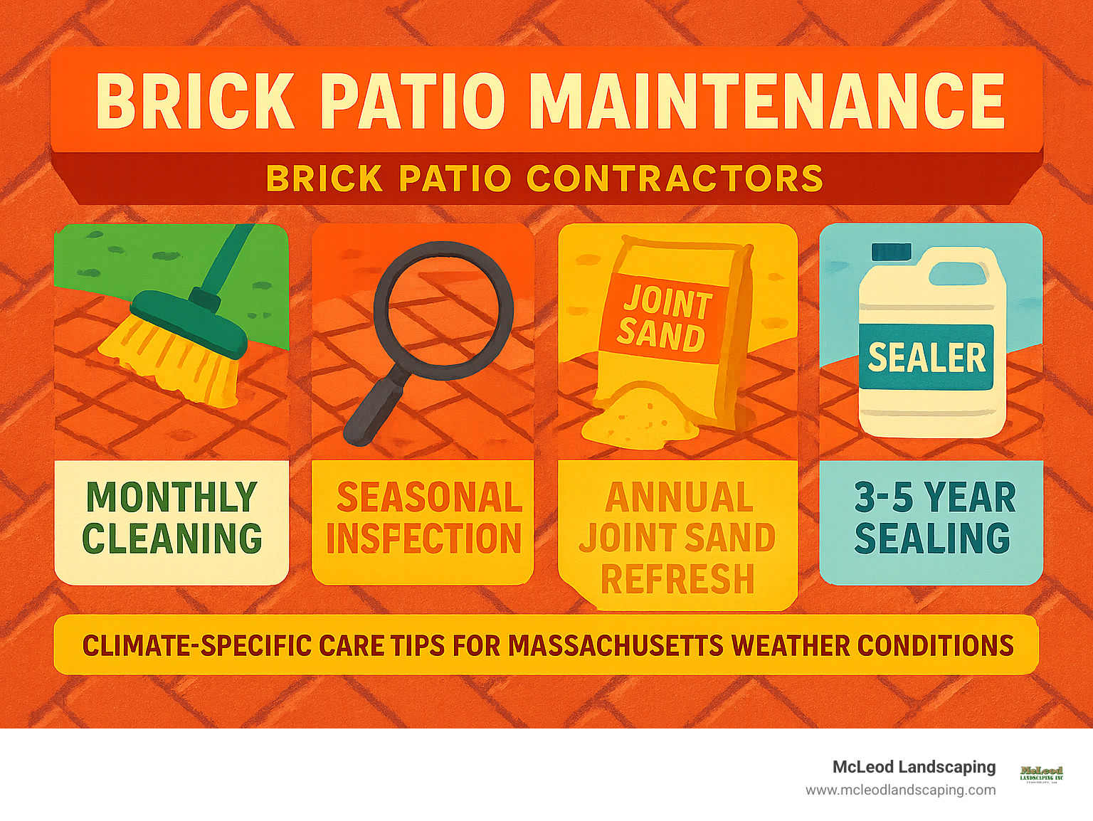 Infographic showing maintenance timeline: monthly cleaning, seasonal inspection, annual joint sand refresh, and 3-5 year sealing schedule with climate-specific care tips for Massachusetts weather conditions - brick patio contractors infographic 