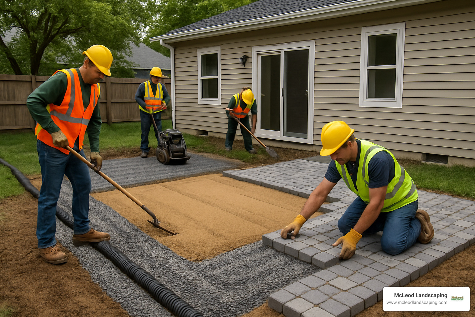Professional crew installing permeable paver walkway with proper base preparation and drainage considerations - definition of hardscape