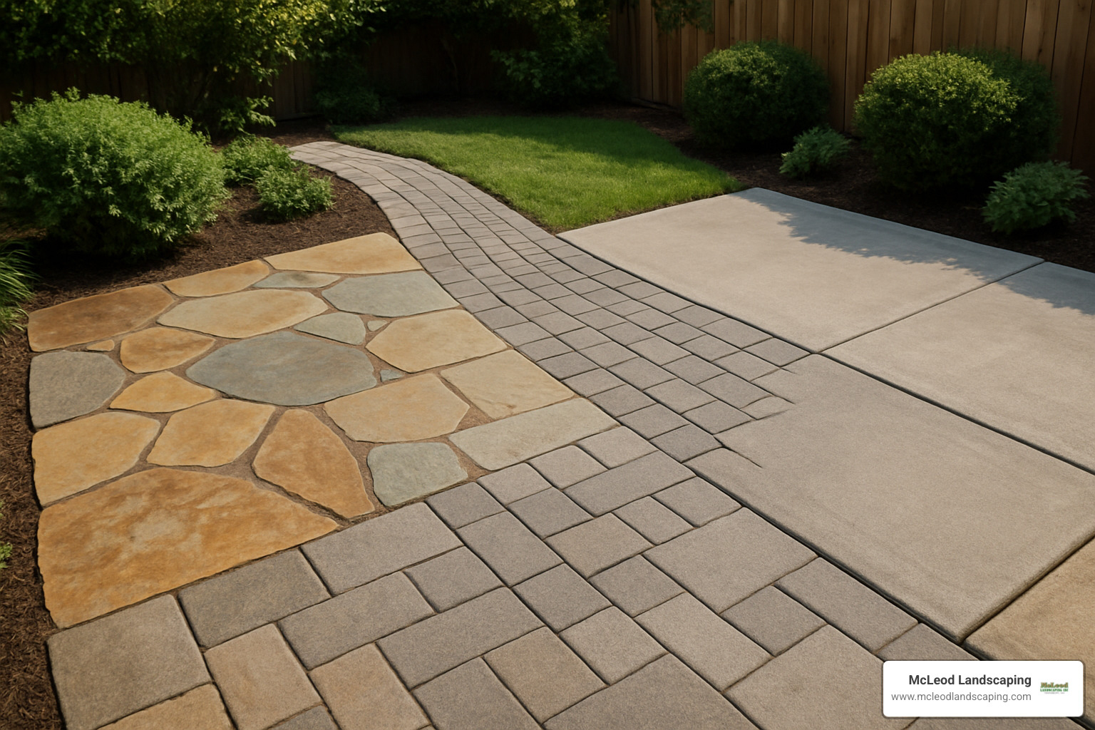 Various hardscape materials including natural stone, pavers, and concrete displayed in an outdoor setting - definition of hardscape