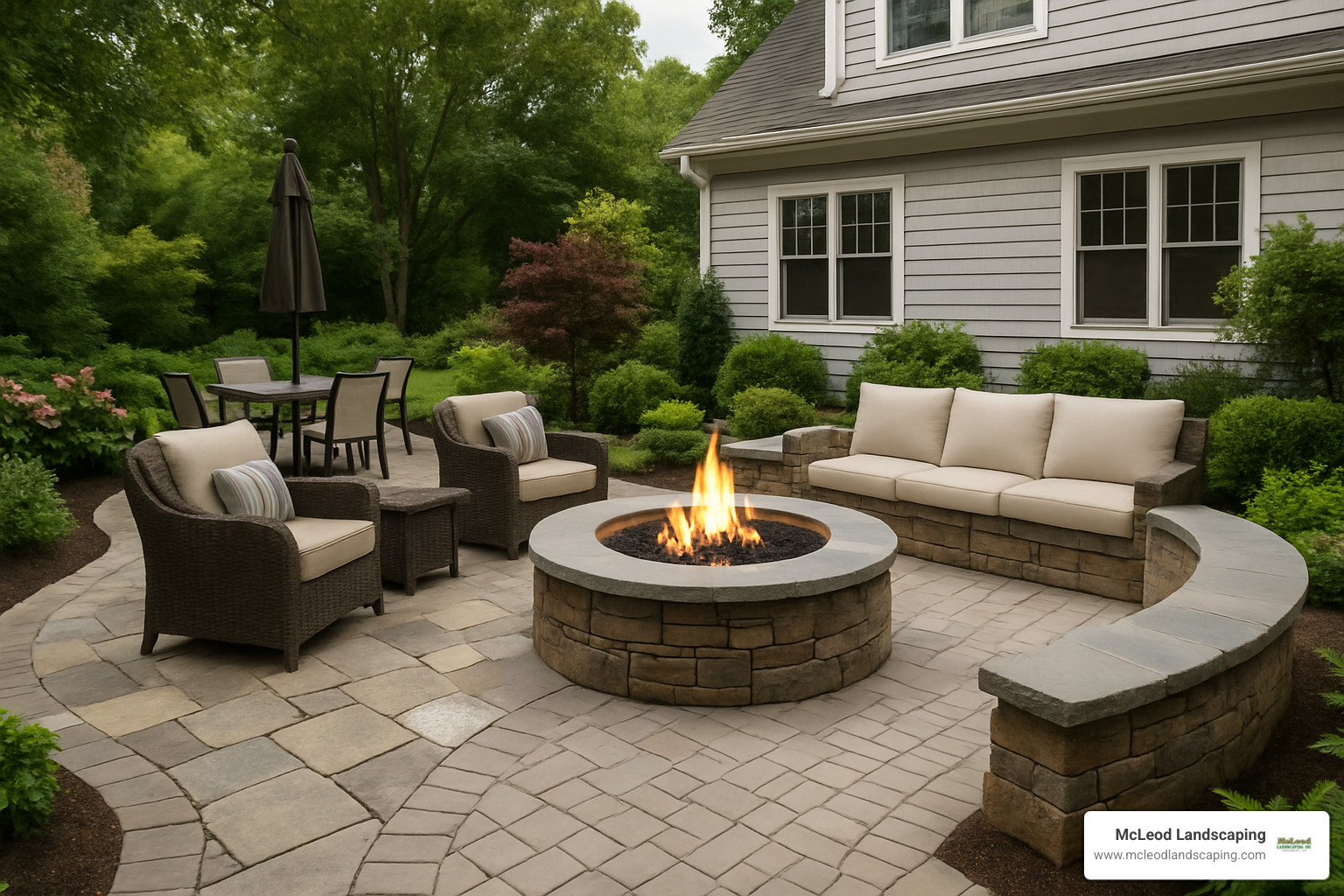 Mixed-material custom patio featuring natural stone and pavers with integrated fire pit and built-in seating - custom patio builder