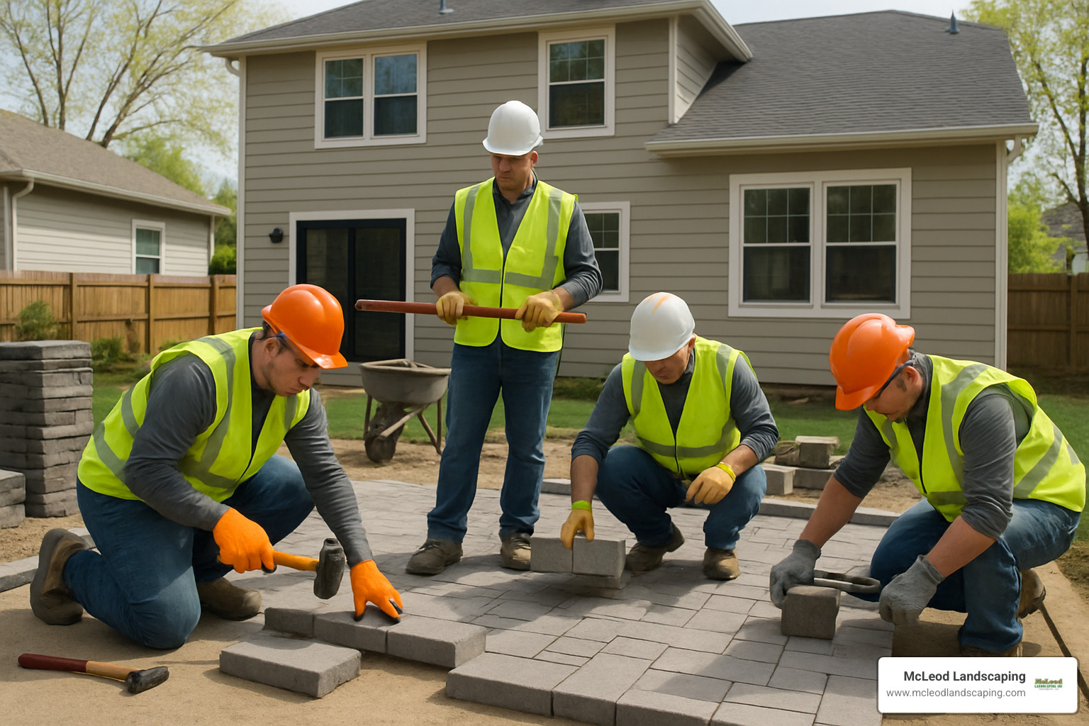 Professional patio installation team working on custom hardscape project with proper safety equipment and quality materials - custom patio builder