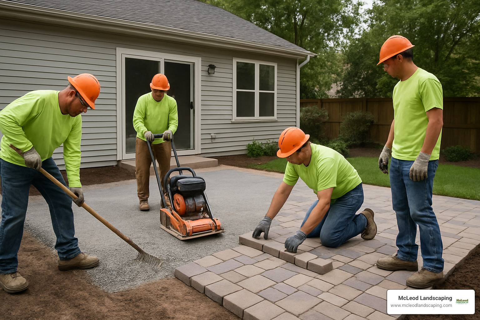 professional crew installing paver patio with proper base preparation - hardscape design