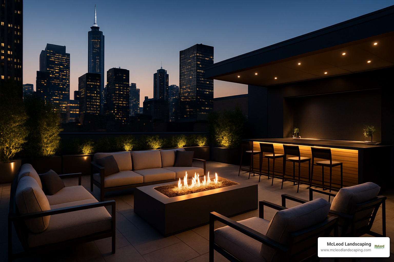 Modern rooftop restaurant patio with fire pit, outdoor bar, and smart lighting system - Patio Contractors