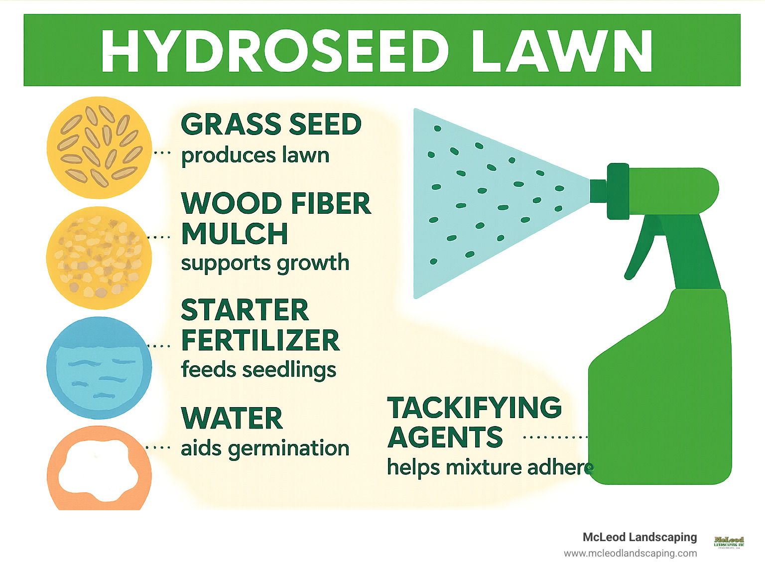 Detailed breakdown of hydroseed slurry components showing grass seed, wood fiber mulch, starter fertilizer, water, and tackifying agents with their respective functions in lawn establishment - Hydroseed Lawn infographic 