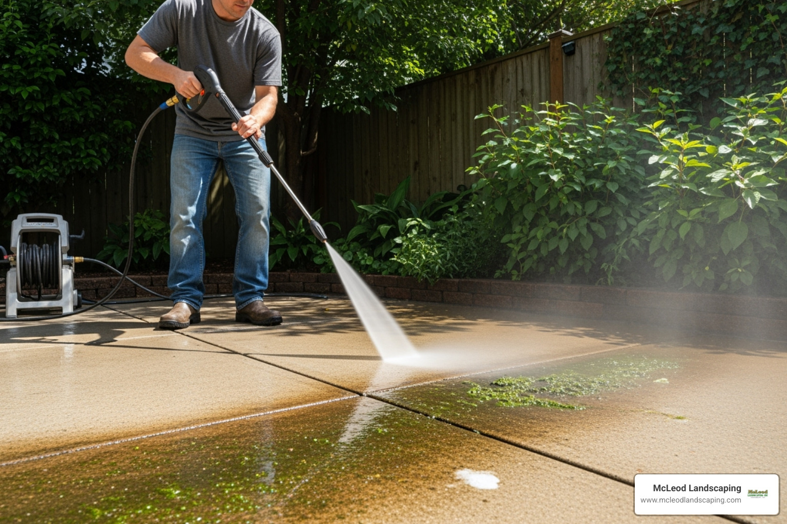 person pressure washing a concrete patio - best patio contractors near me