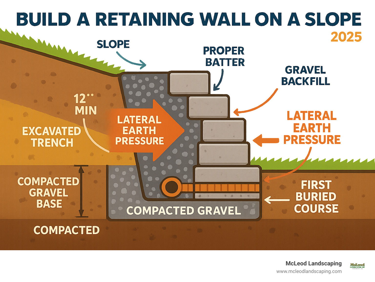 Comprehensive infographic showing cross-section view of retaining wall construction on slope with labeled components including excavated trench depth, compacted gravel base layer, first buried course of blocks, perforated drainage pipe placement, gravel backfill zone, proper wall batter angle, and arrows indicating lateral earth pressure and water flow direction - build a retaining wall on a slope infographic 