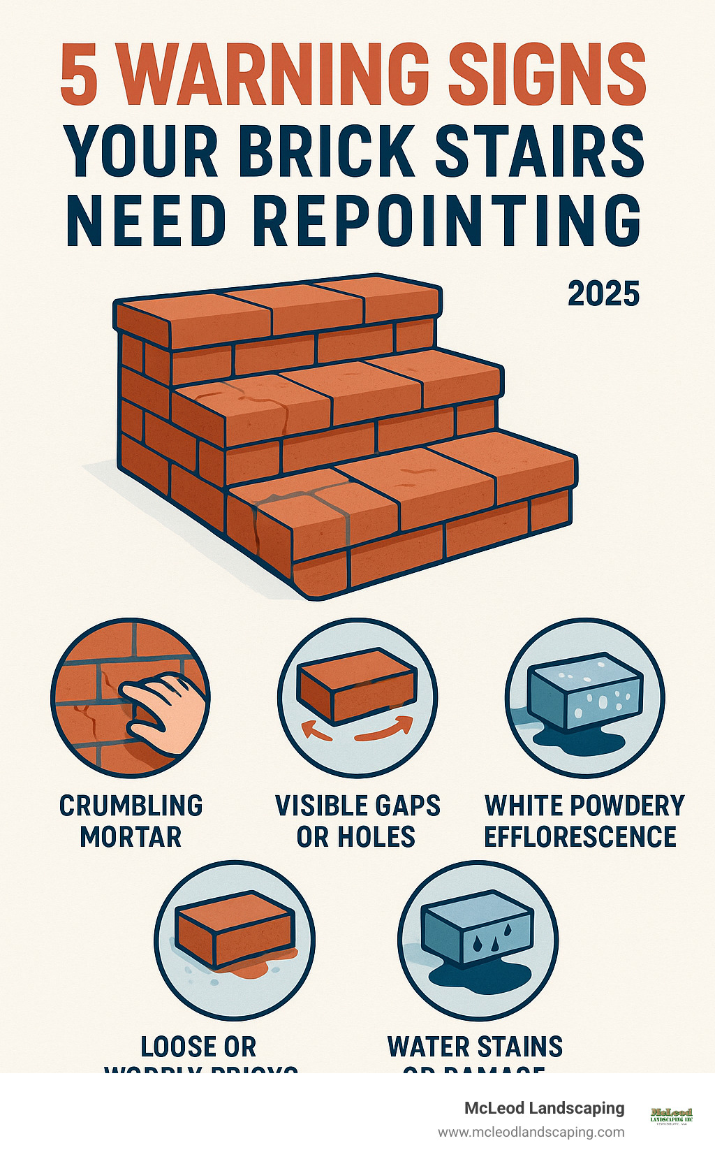 Infographic showing the 5 key warning signs that brick stairs need repointing: crumbling mortar that can be scratched away, visible gaps or holes in joints, loose or wobbly bricks, white powdery efflorescence on brick surfaces, and water stains or damage around step areas - how to repoint brick stairs infographic Infographic showing the 5 key warning signs that brick stairs need repointing: crumbling mortar that can be scratched away, visible gaps or holes in joints, loose or wobbly bricks, white powdery efflorescence on brick surfaces, and water stains or damage around step areas - how to repoint brick stairs infographic