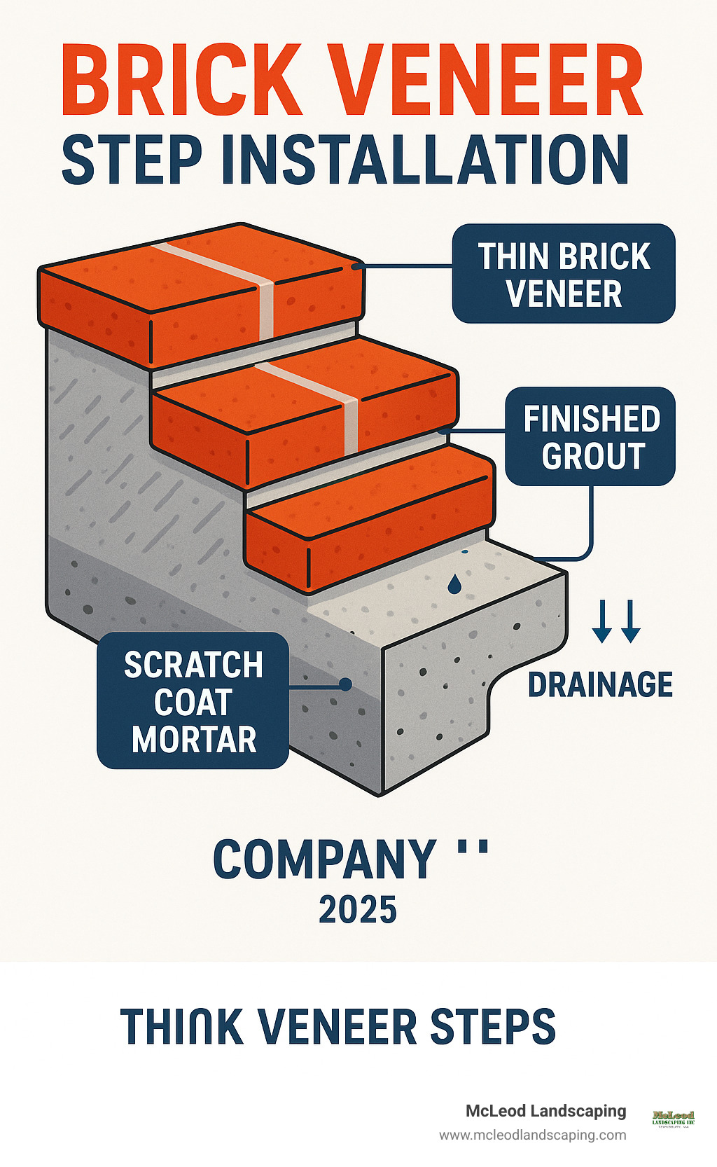Cross-section diagram showing layers of a brick veneer step installation including concrete base foundation, scratch coat mortar layer, thin brick veneer pieces, and finished grout lines with proper drainage considerations - brick veneer steps infographic Cross-section diagram showing layers of a brick veneer step installation including concrete base foundation, scratch coat mortar layer, thin brick veneer pieces, and finished grout lines with proper drainage considerations - brick veneer steps infographic