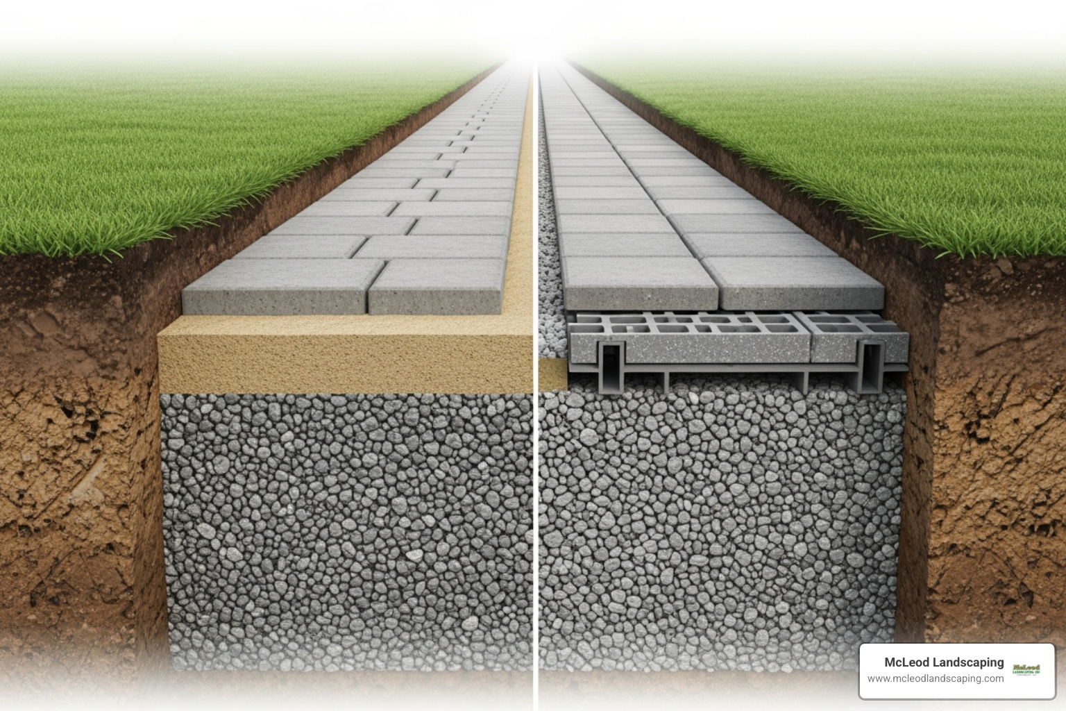 Comparison of a traditional gravel base with modern interlocking paver base panels, showing layering differences - backyard paver walkway