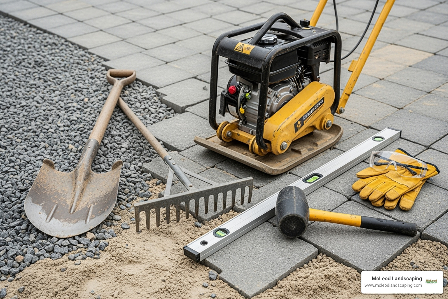 Essential tools for paver walkway installation including shovel, rake, plate compactor, rubber mallet, level, and safety gear - backyard paver walkway