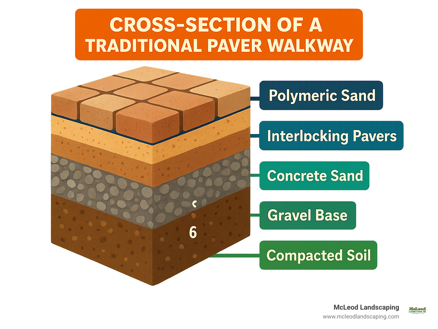Cross-section diagram showing the layers of a traditional paver walkway installation from bottom to top: compacted soil subgrade, 6-inch gravel base layer, 1-inch concrete sand leveling layer, interlocking pavers, and polymeric sand filling the joints between pavers - backyard paver walkway infographic 