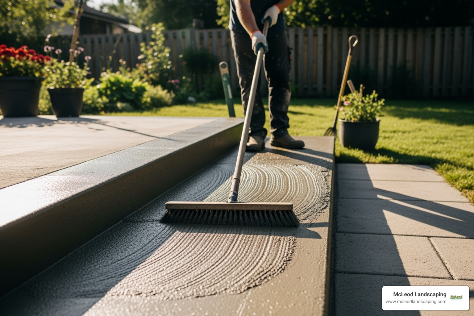 Person using a broom to create a non-slip finish on wet concrete - backyard concrete steps