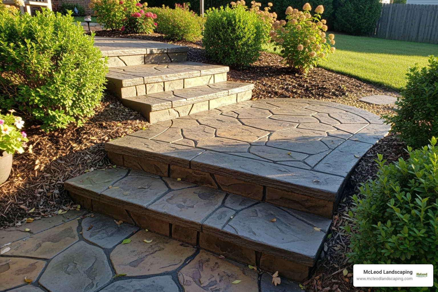 Decorative stamped and stained concrete steps - backyard concrete steps