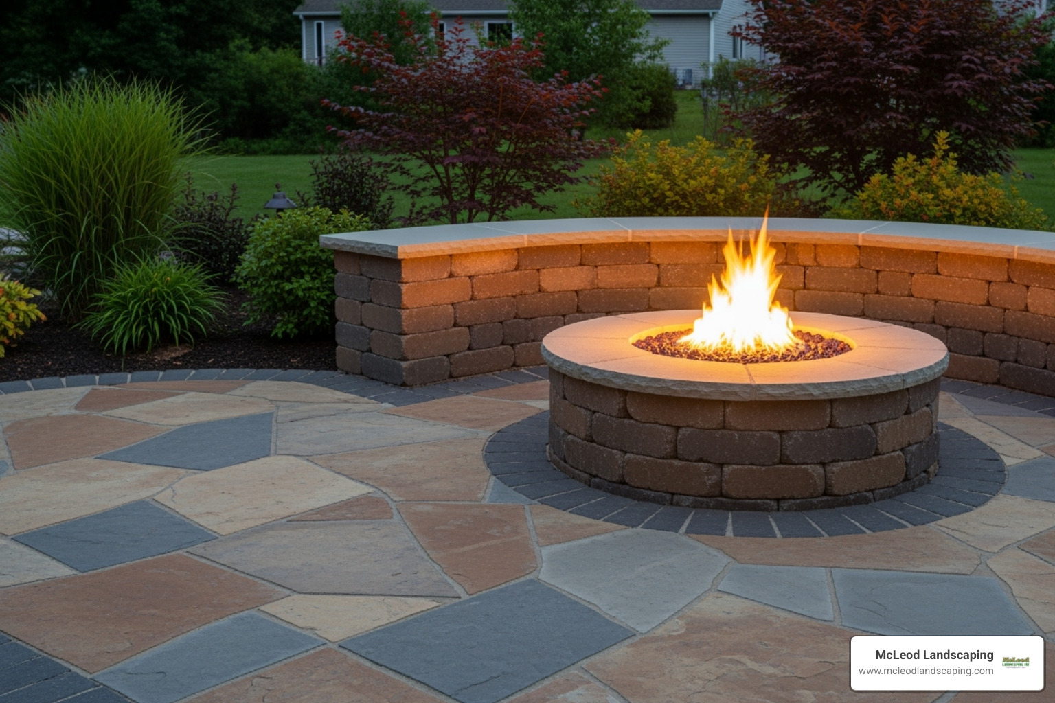 paver patio with a built-in seating wall and fire pit - paver landscaping