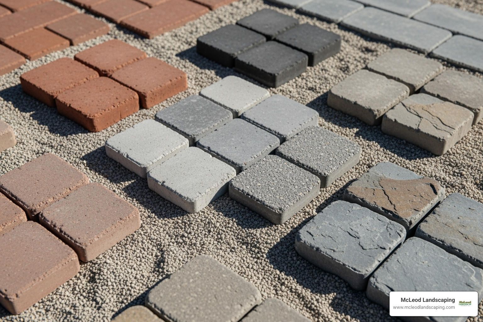 display of different paver materials like concrete, brick, and bluestone - paver landscaping