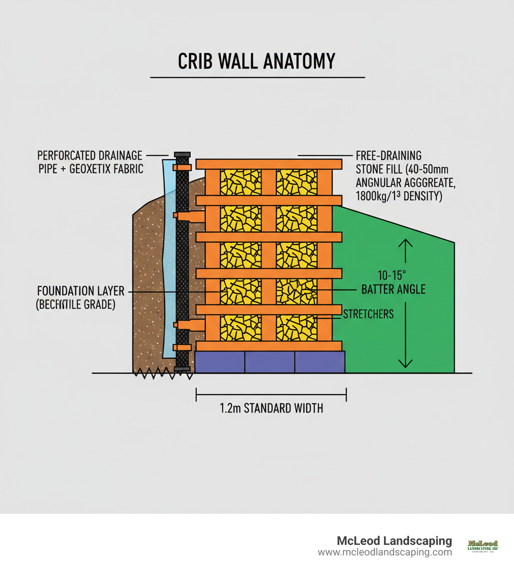 Infographic showing the anatomy of a crib wall: foundation layer at base below grade, first course of stretchers laid parallel to wall face, headers placed perpendicular tying back into slope, alternating layers creating interlocking cellular structure, free-draining stone fill in each cell, perforated drainage pipe behind wall wrapped in geotextile fabric, and compacted backfill material. Labels indicate key measurements: 1.2m standard width, 10-15 degree batter angle, and stone specifications of 40-50mm angular aggregate at 1800kg/m³ density. - crib wall construction infographic 