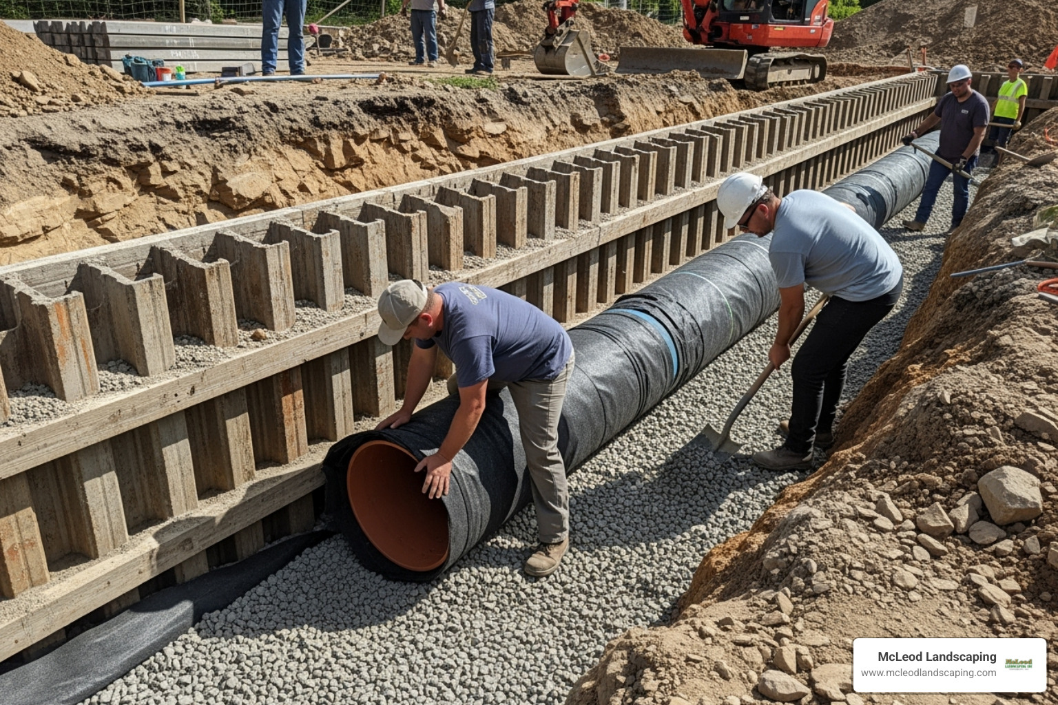 A perforated drainage pipe wrapped in geotextile fabric being installed behind the base of a crib wall during construction. - crib wall construction