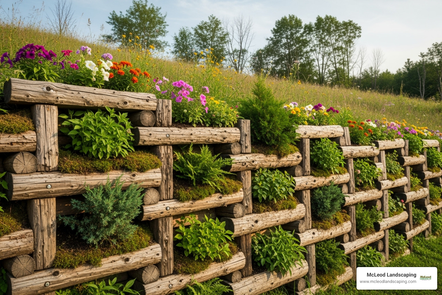 A vibrant "living" crib wall with lush green vegetation, including flowering plants and shrubs, growing from its cellular structure. - crib wall construction
