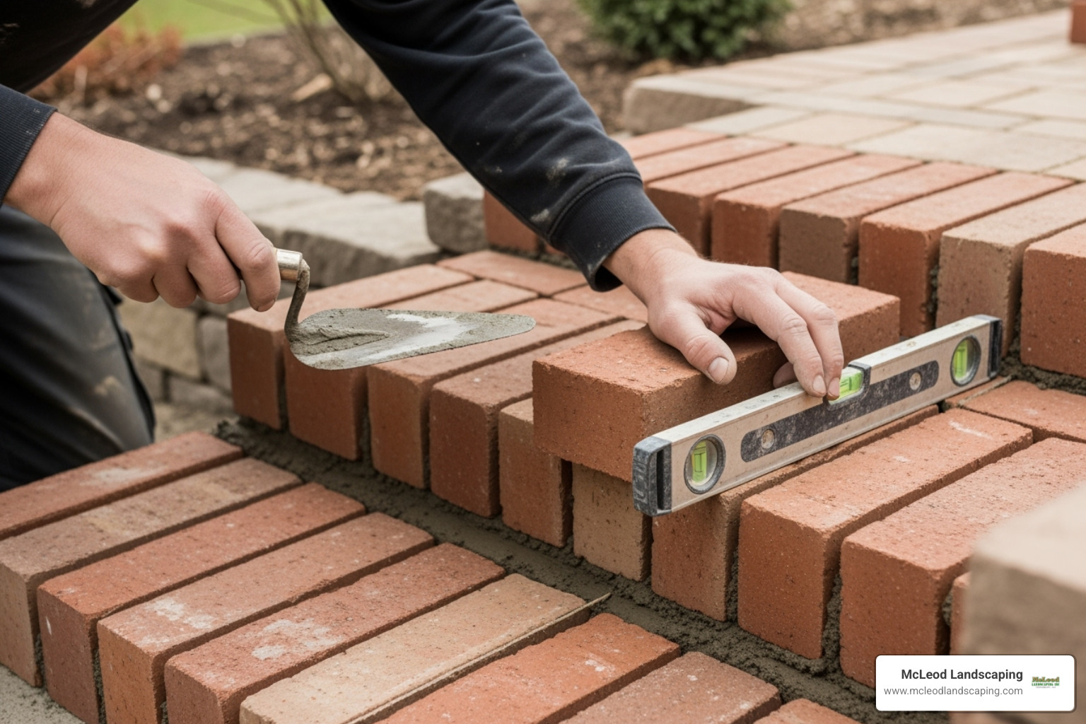 A mason carefully laying tread bricks and checking the levelness with a spirit level - brick door steps
