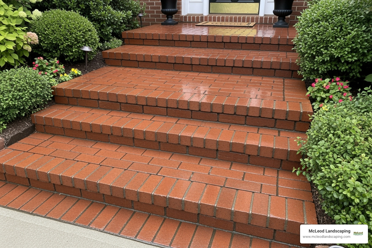 Freshly sealed brick steps with a clean, slightly wet look, enhancing the home's entrance - brick door steps