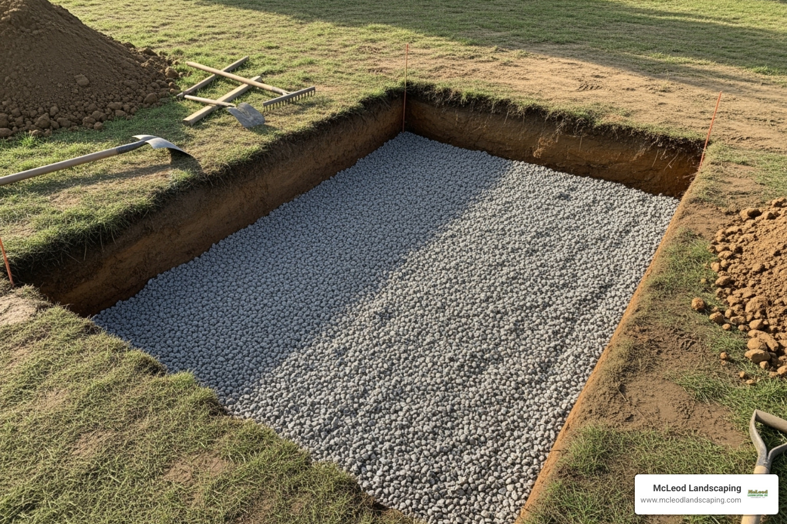 Excavated area with compacted sub-base ready for concrete footing - brick door steps