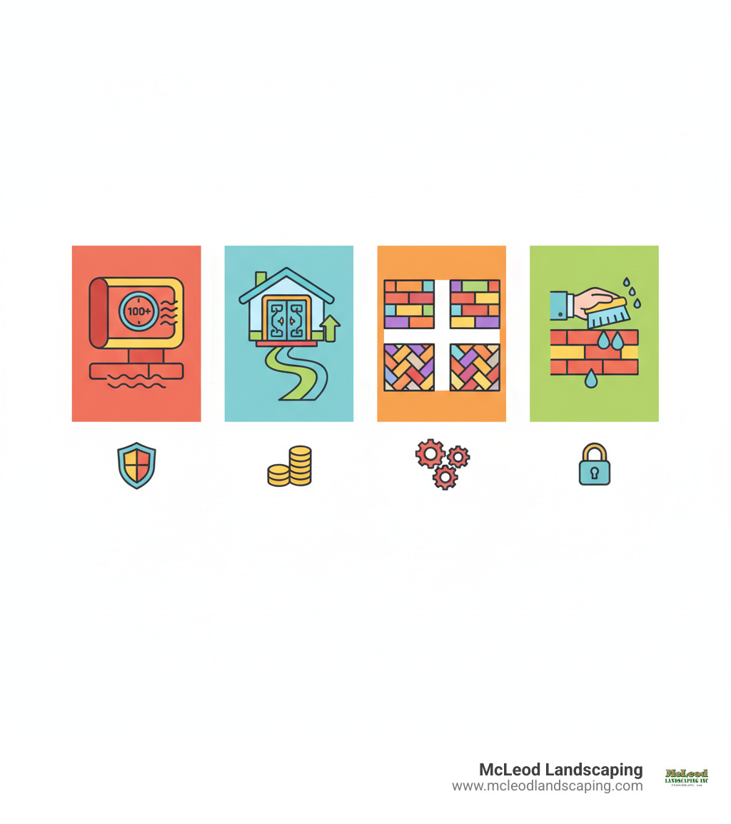 Infographic showing the four key benefits of brick door steps: Durability with 100+ year lifespan and weather resistance; Classic Aesthetic that enhances curb appeal and property value; Versatility with multiple pattern options like running bond, herringbone, and soldier course; Low Maintenance requiring only periodic cleaning and sealing - brick door steps infographic 