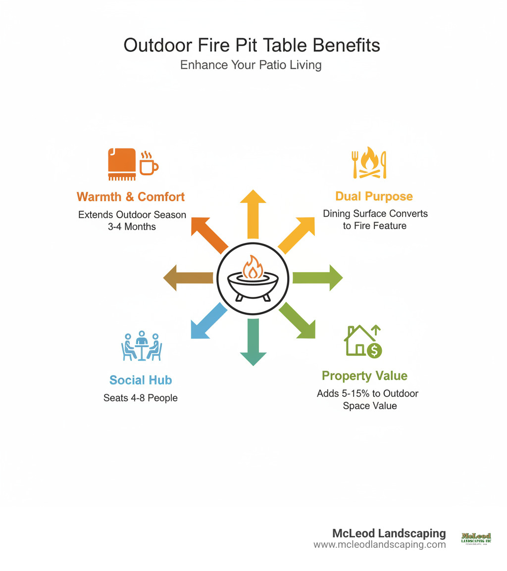 Infographic showing outdoor table with firepit benefits: center shows a fire pit table icon, with four arrows pointing to key benefits - "Warmth & Comfort" (extends outdoor season 3-4 months), "Dual Purpose" (dining surface converts to fire feature), "Social Hub" (seats 4-8 people), and "Property Value" (adds 5-15% to outdoor space value) - outdoor table with firepit infographic Infographic showing outdoor table with firepit benefits: center shows a fire pit table icon, with four arrows pointing to key benefits - "Warmth & Comfort" (extends outdoor season 3-4 months), "Dual Purpose" (dining surface converts to fire feature), "Social Hub" (seats 4-8 people), and "Property Value" (adds 5-15% to outdoor space value) - outdoor table with firepit infographic