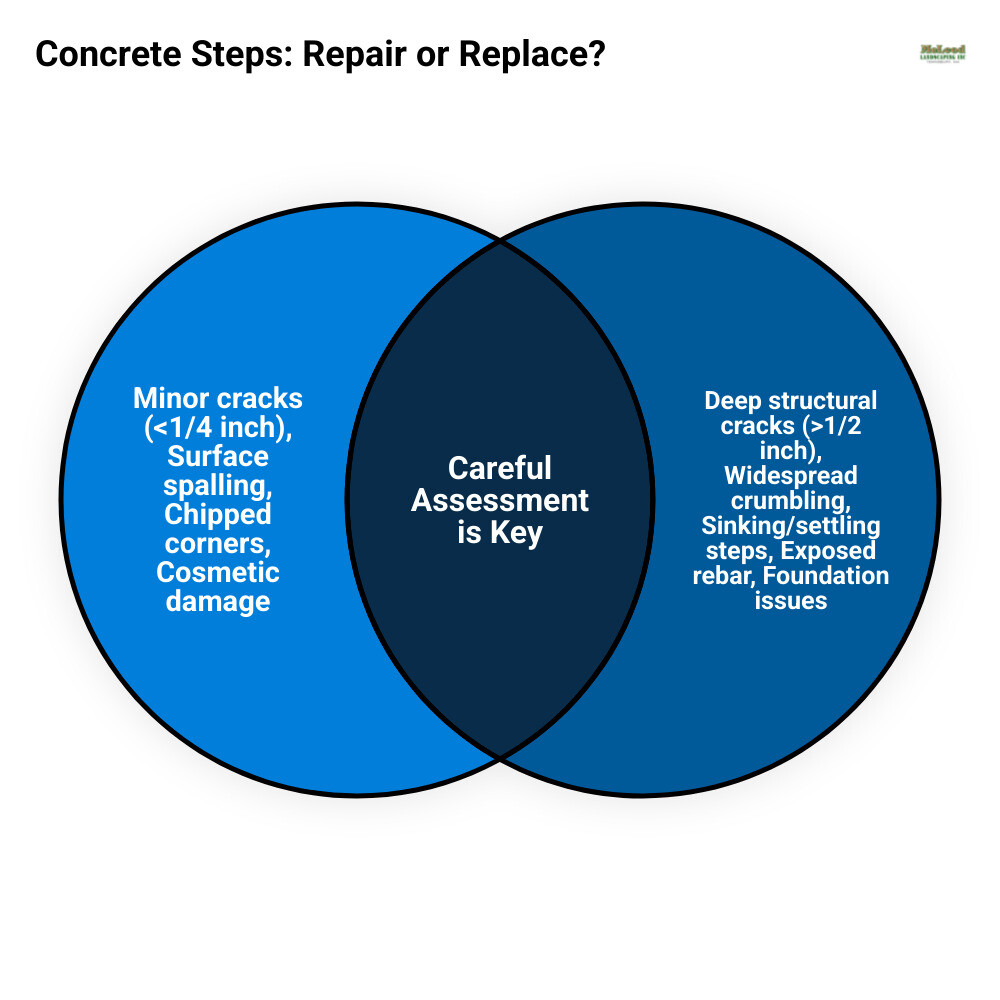 Infographic showing common signs of concrete step damage requiring repair (minor cracks under 1/4 inch, surface spalling, chipped corners, cosmetic damage) versus signs requiring replacement (deep structural cracks over 1/2 inch, widespread crumbling, sinking or settling steps, severe deterioration exposing rebar, foundation movement) - concrete step repair infographic venn_diagram Infographic showing common signs of concrete step damage requiring repair (minor cracks under 1/4 inch, surface spalling, chipped corners, cosmetic damage) versus signs requiring replacement (deep structural cracks over 1/2 inch, widespread crumbling, sinking or settling steps, severe deterioration exposing rebar, foundation movement) - concrete step repair infographic venn_diagram