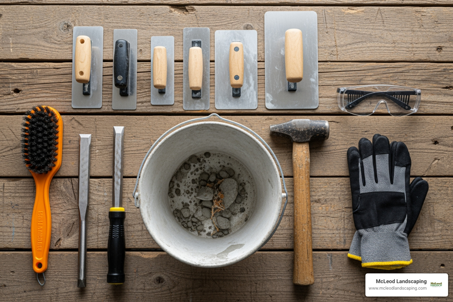 A selection of essential concrete repair tools and safety gear neatly laid out, including a wire brush, cold chisel, hammer, various trowels, mixing bucket, safety glasses, and work gloves. - concrete step repair