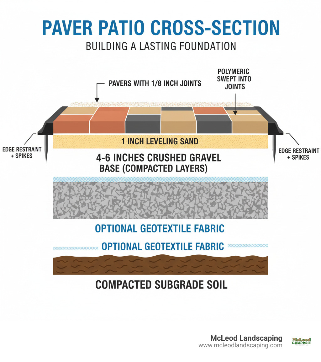 infographic showing cross-section layers of a paver patio from bottom to top: compacted subgrade soil, optional geotextile fabric, 4-6 inches of crushed gravel base in compacted layers, 1 inch of leveling sand, pavers with 1/8 inch joints, edge restraint secured with spikes along perimeter, and polymeric sand swept into joints - installing patio pavers infographic 