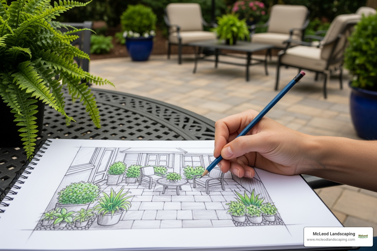 person sketching a patio design - installing patio pavers