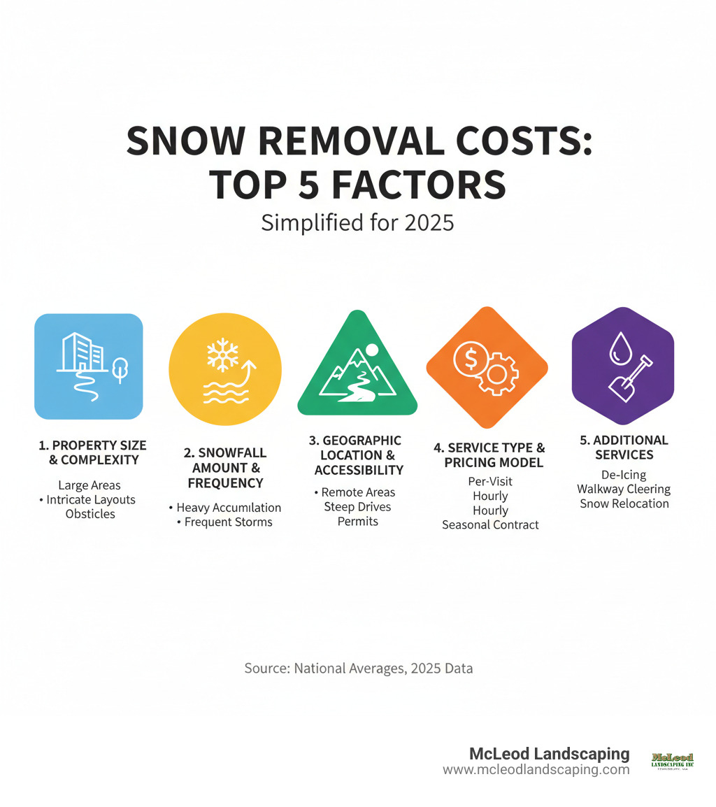 infographic showing the top 5 factors determining snow removal costs: property size and complexity, snowfall amount and frequency, geographic location and accessibility, service type and pricing model, and additional services like de-icing - cost of snow removal services infographic 