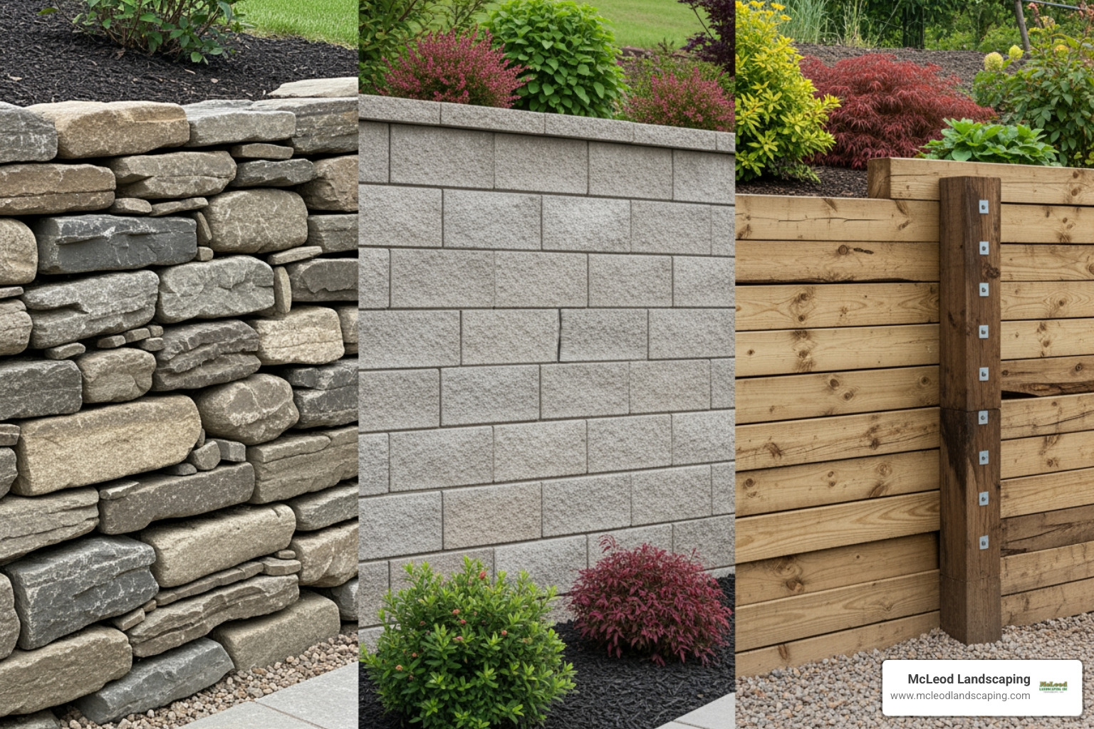 Examples of different retaining wall types like stone, block, and timber - Retaining wall repair