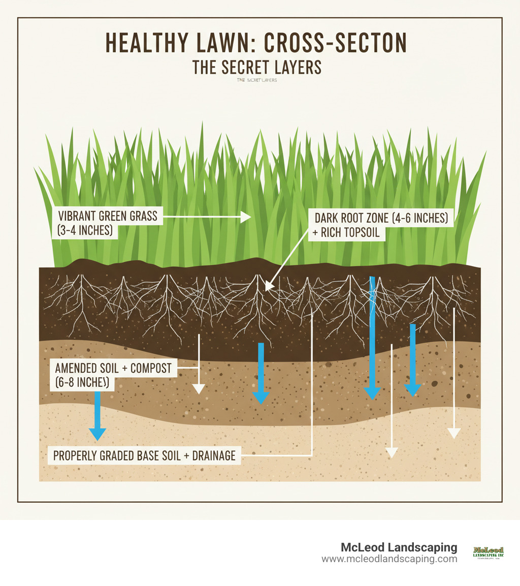 Infographic showing the cross-section of a healthy lawn with labeled layers: at the top, vibrant green grass blades (3-4 inches); below that, a thin brown thatch layer (less than half inch); next, a dark root zone showing grass roots extending 4-6 inches deep into rich topsoil; beneath that, amended soil mixed with compost (6-8 inches); and at the bottom, properly graded base soil with drainage consideration. Arrows indicate water movement and root penetration depth. - lawn layers near me infographic Infographic showing the cross-section of a healthy lawn with labeled layers: at the top, vibrant green grass blades (3-4 inches); below that, a thin brown thatch layer (less than half inch); next, a dark root zone showing grass roots extending 4-6 inches deep into rich topsoil; beneath that, amended soil mixed with compost (6-8 inches); and at the bottom, properly graded base soil with drainage consideration. Arrows indicate water movement and root penetration depth. - lawn layers near me infographic